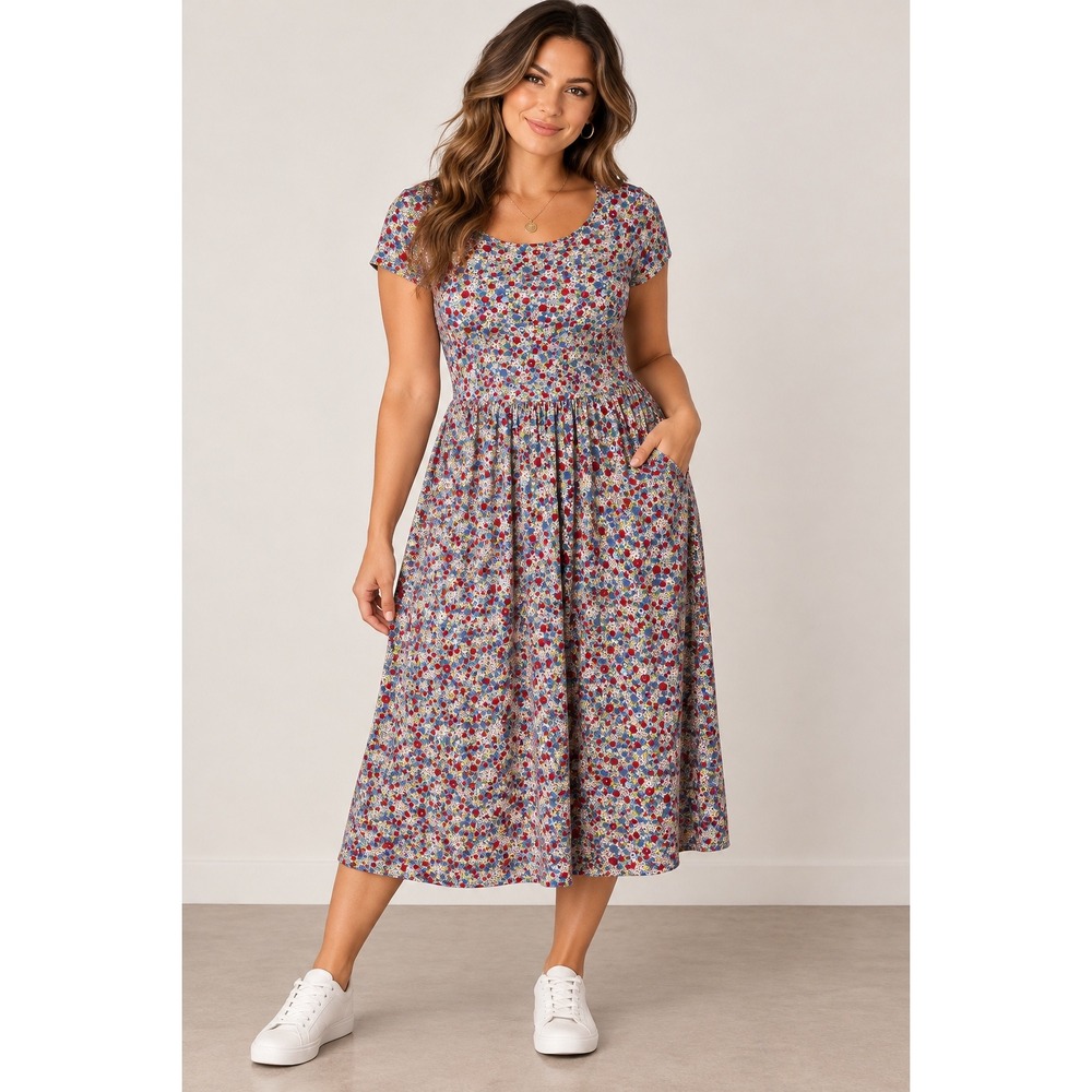 Boden Phoebe Jersey Midi Dress Red Blue Floral Ditsy Pockets US 8L UK 12L J0326